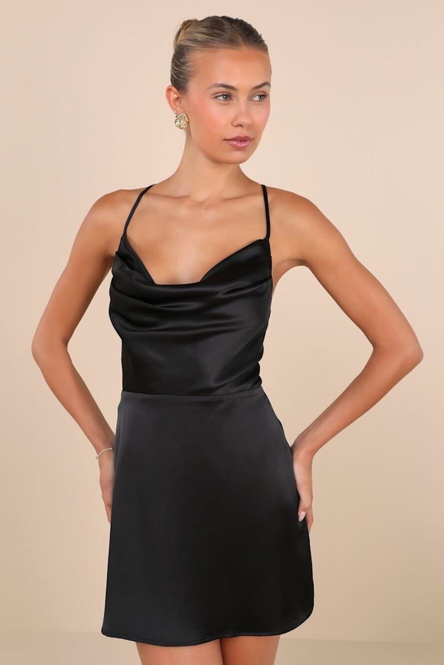 NWT Lulus Luxe Reputation Black Satin Sleeveless Cowl Neck Mini Dress Party Sz M